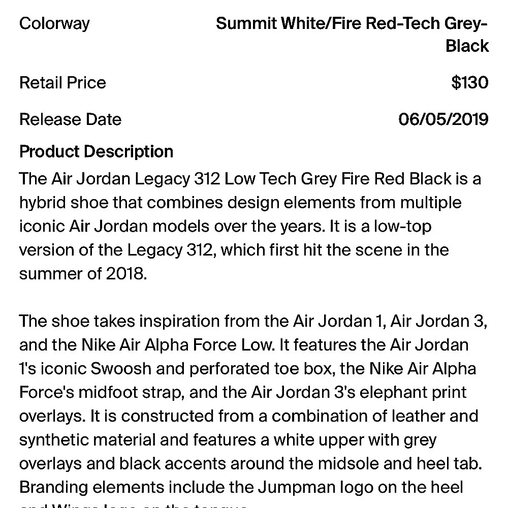 JORDAN legacy 312 low tech grey fire red black men’s Sneakers Size 11.5 GUC.